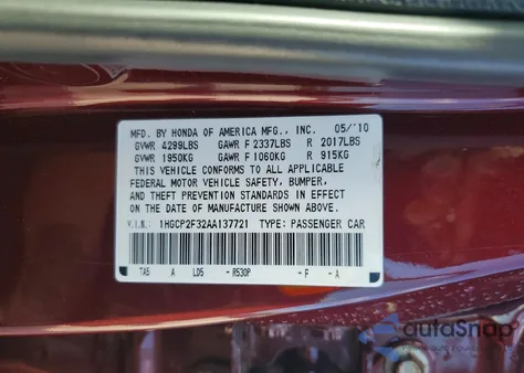 2010 Honda Accord Lx z USA, uszkodzony, nr VIN 1HGCP2F32AA137721
